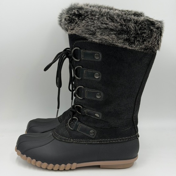 Yuu Shoes - Yuu Fiona Black Faux Fur Trim Lace Up Duck Boots Womens Size 6 M Winter Mid Calf